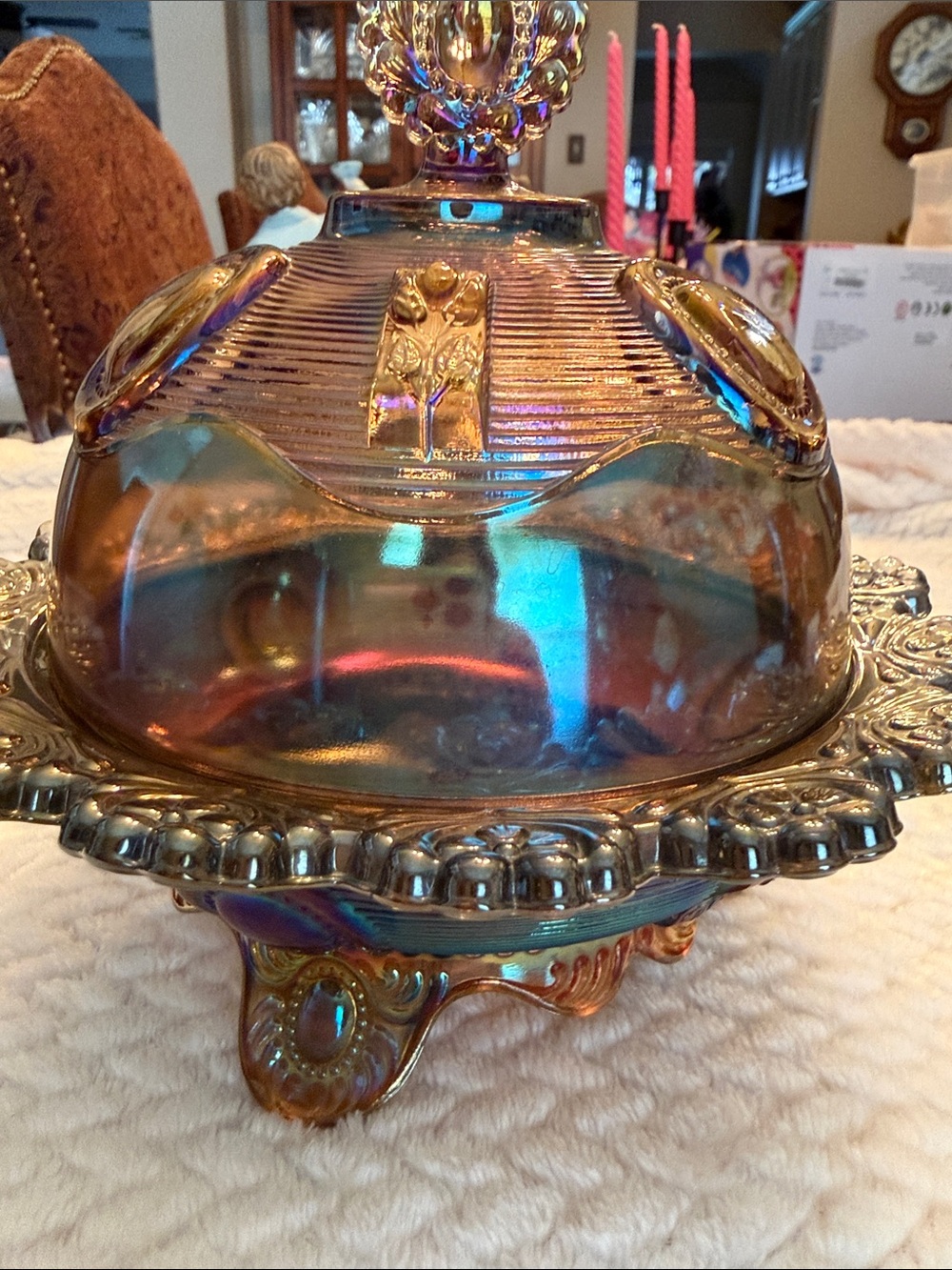 Vintage Art Deco Imperial Iridescent Carnival Glass Lidded Dish - Picture 7 of 7
